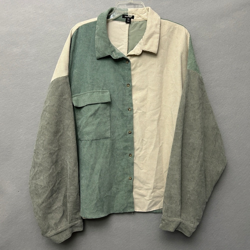 Boohoo Corduroy Shirt Women Size 22 Green Colorblock Oversized Shacket Button Up